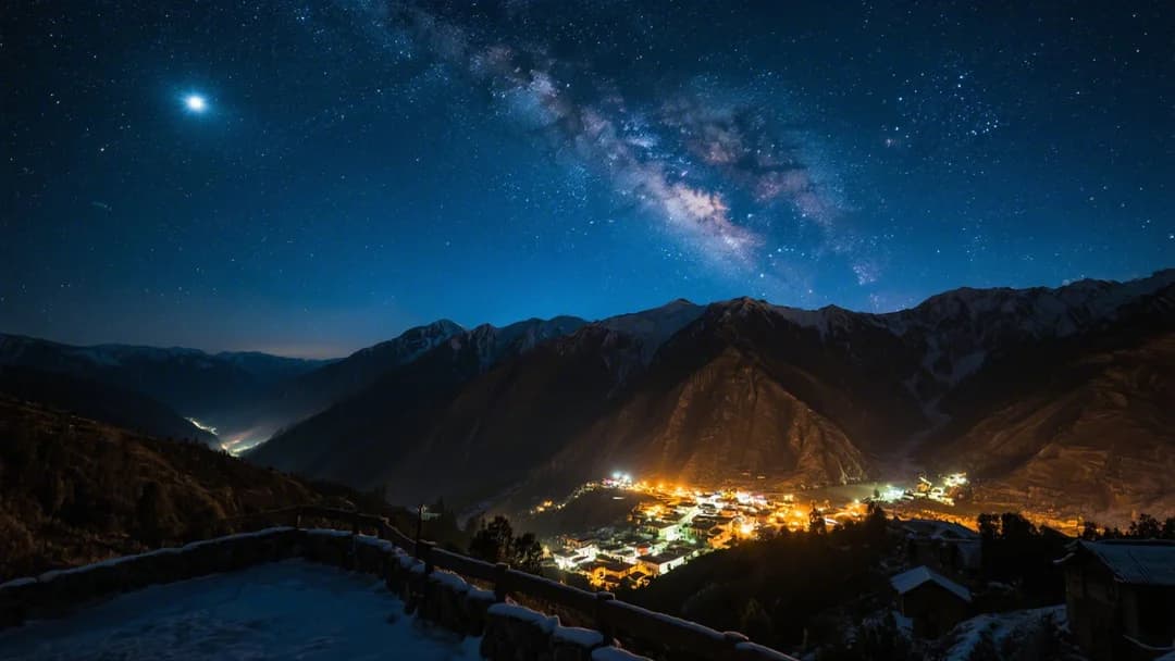 Vista nocturna del mirador de Paucartambo con las luces del pueblo iluminando el valle