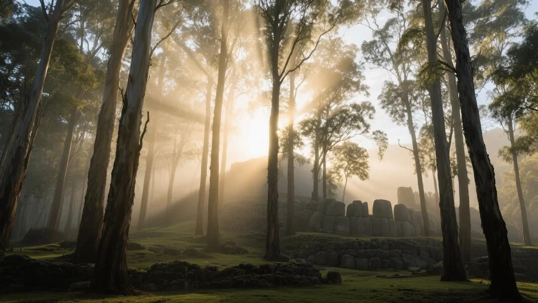 Bosque de eucaliptos en Cusco con luz solar filtrándose entre los árboles.