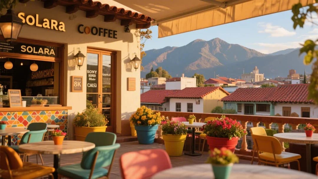 Vista panorámica de Solara Coffee & Sandwich Bar en Cusco con atardecer de fondo.