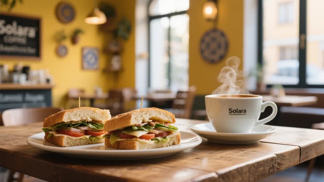 Sándwiches mediterráneos y café en Solara Coffee & Sandwich Bar.