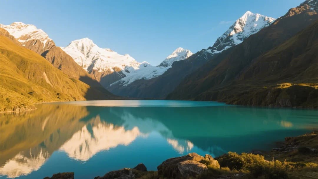 Aguas turquesas de Muñapata en Cusco, Perú, con montañas andinas de fondo.