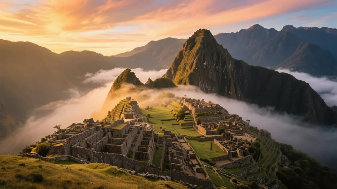 Vista panorámica de Machu Picchu al amanecer con montañas nevadas de fondo.