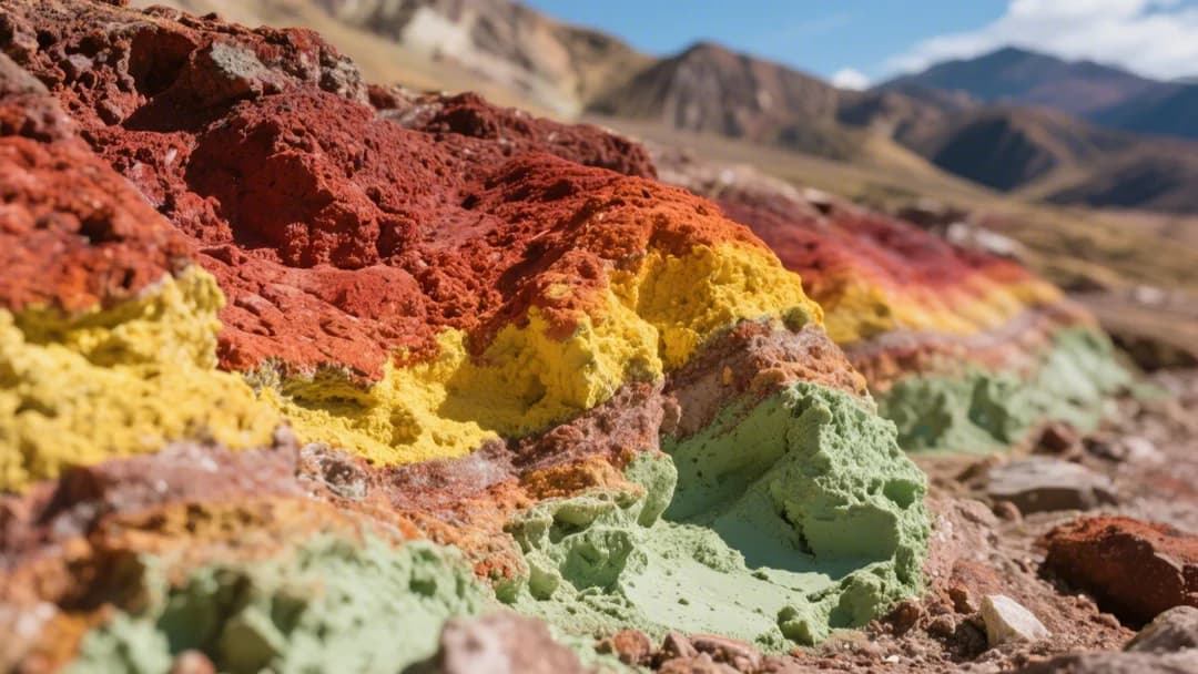 Primer plano de los minerales multicolores que forman la Montaña de 7 Colores en Cusco