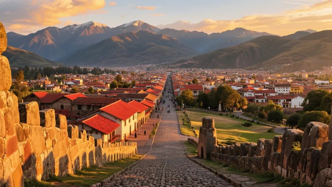 Vista panorámica de la ciudad de Cusco con sus tejados rojos y montañas al fondo.