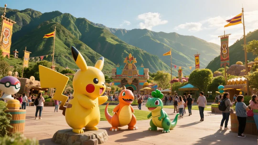 Vista panorámica del Pokepark en Cusco con Pokémon decorativos y un arcoíris al fondo.