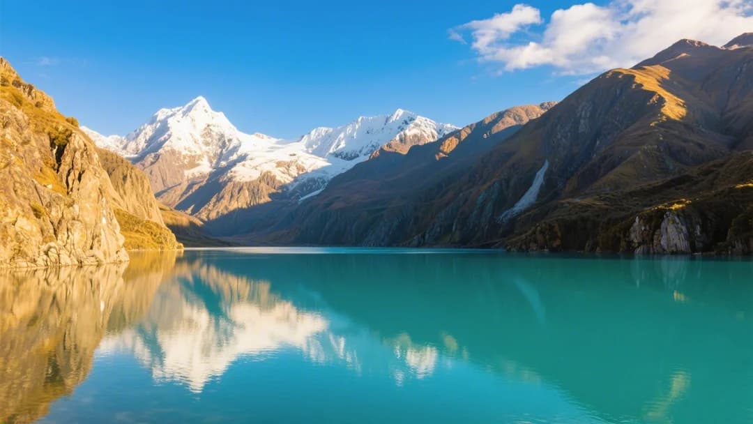 Laguna Humantay con aguas turquesas y montañas nevadas.