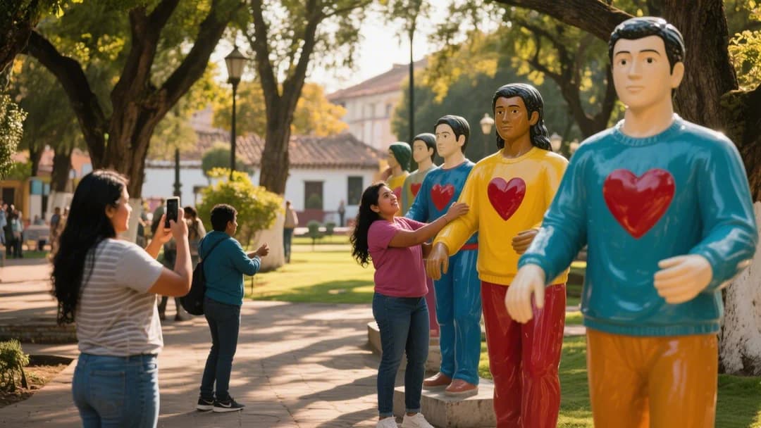 Visitantes tomándose fotos con las estatuas de Pokémon en el Pokepark.