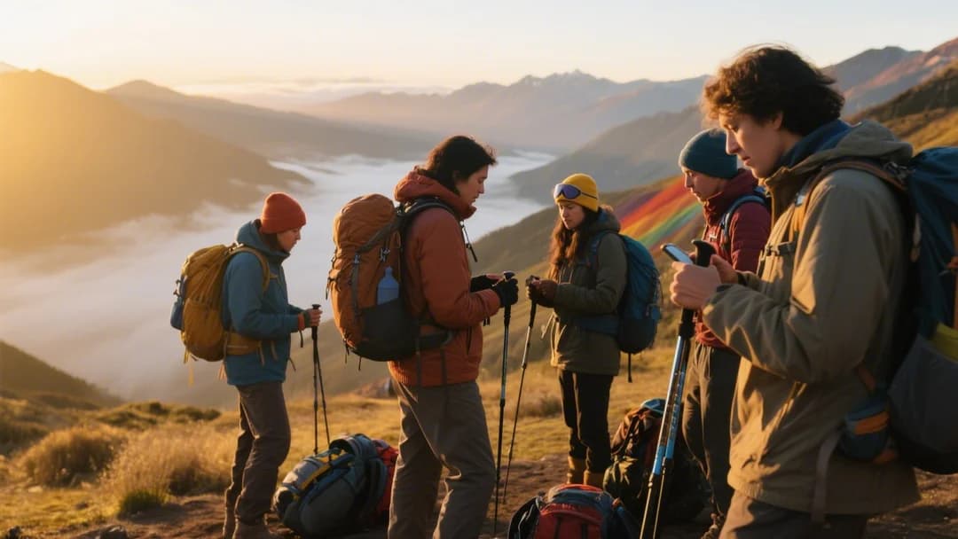 Senderistas preparándose para el ascenso a la Montaña de 7 Colores