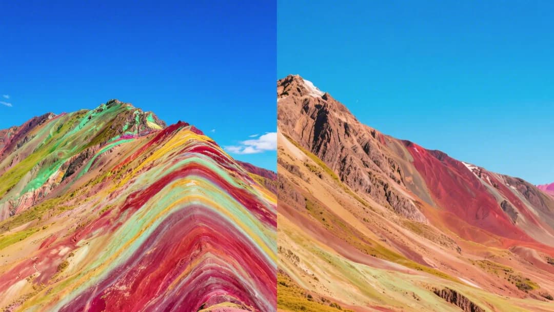 Comparación entre fotos editadas y la realidad de la Montaña de 7 Colores