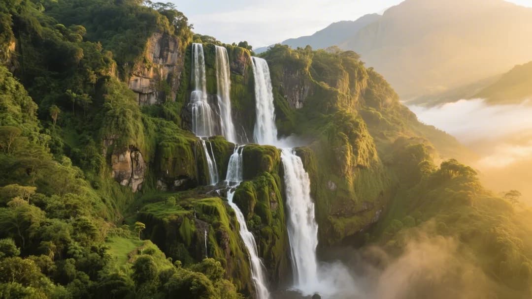 Vista panorámica de la catarata Qanchispaqcha con sus siete caídas de agua en medio de la vegetación andina
