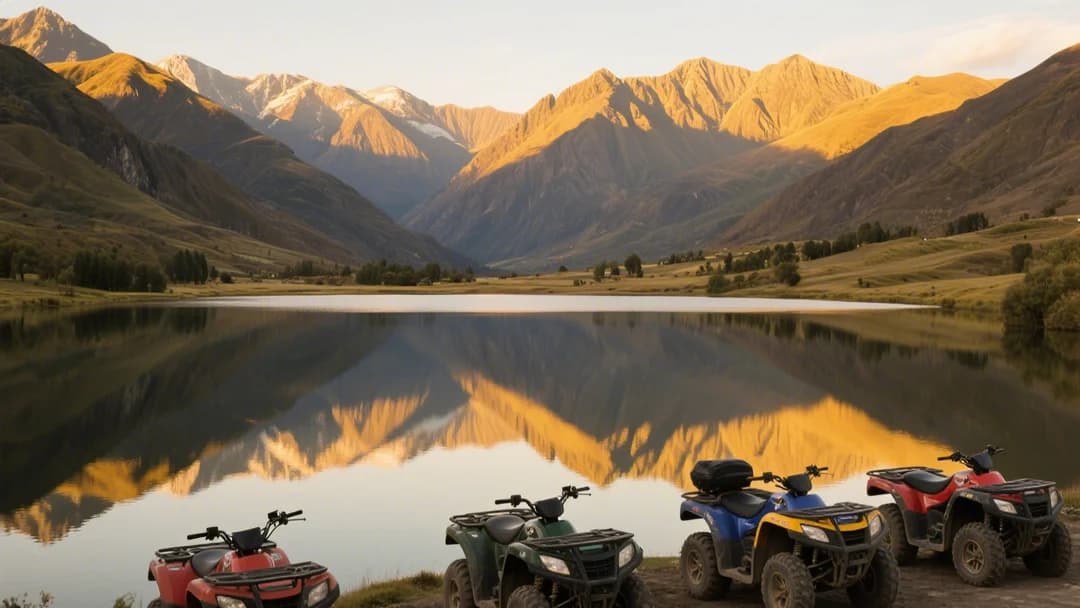 Laguna Huaypo en el Valle Sagrado con cuatrimotos estacionadas frente al paisaje