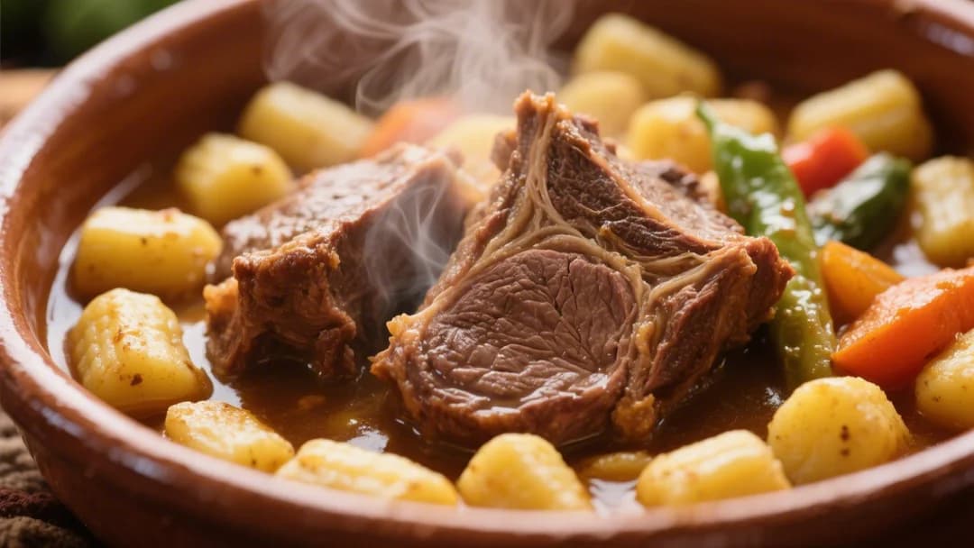 Detalle de carne de rabo de ternera suave en cazuela cusqueña