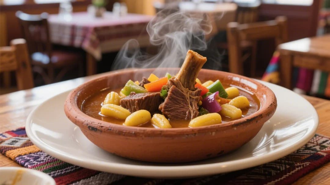 Cazuela de rabo de ternera con ñoquis de papa y verduras en Cusco