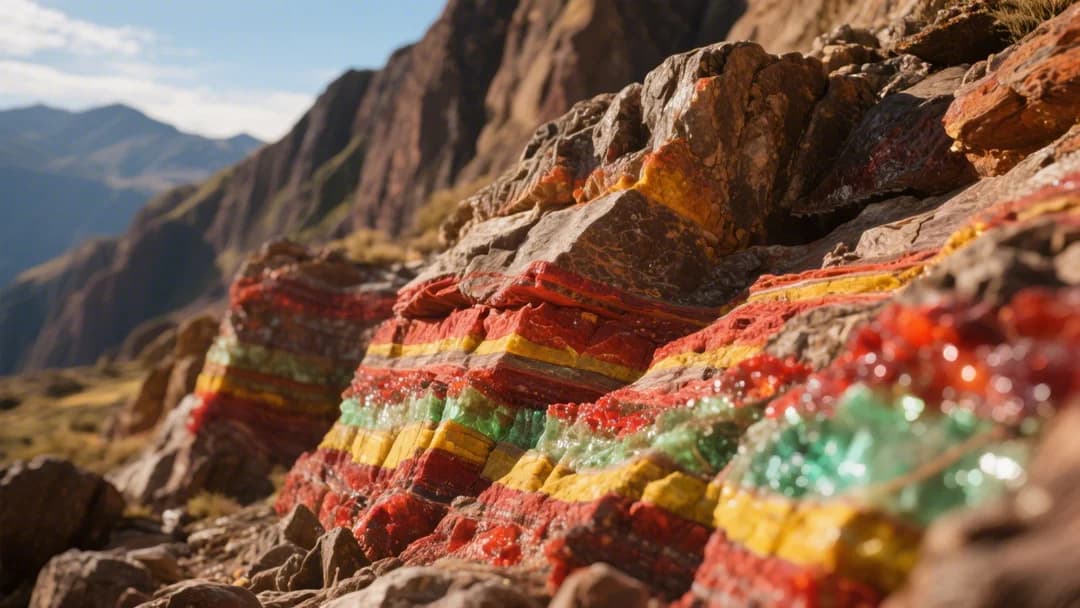 Primer plano de las capas minerales de colores en las montañas de Palccoyo