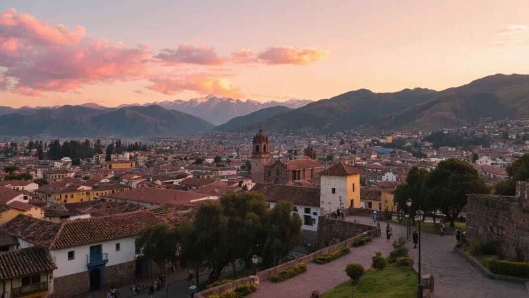 Vista panorámica de Cusco desde el Mirador de San Cristóbal al atardecer.