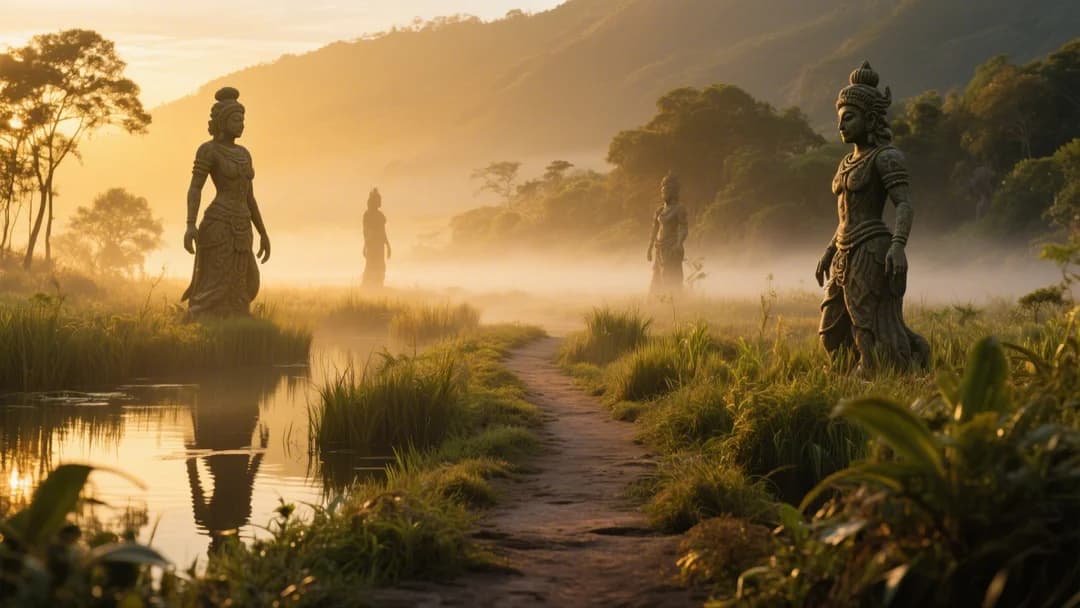 Camino escénico en el Humedal de Huasao con esculturas mitológicas