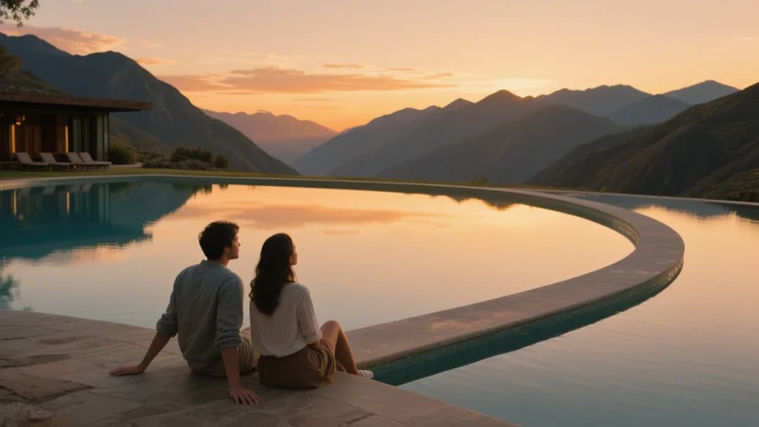 Área de piscina en Wifala Harmony con vista a las montañas