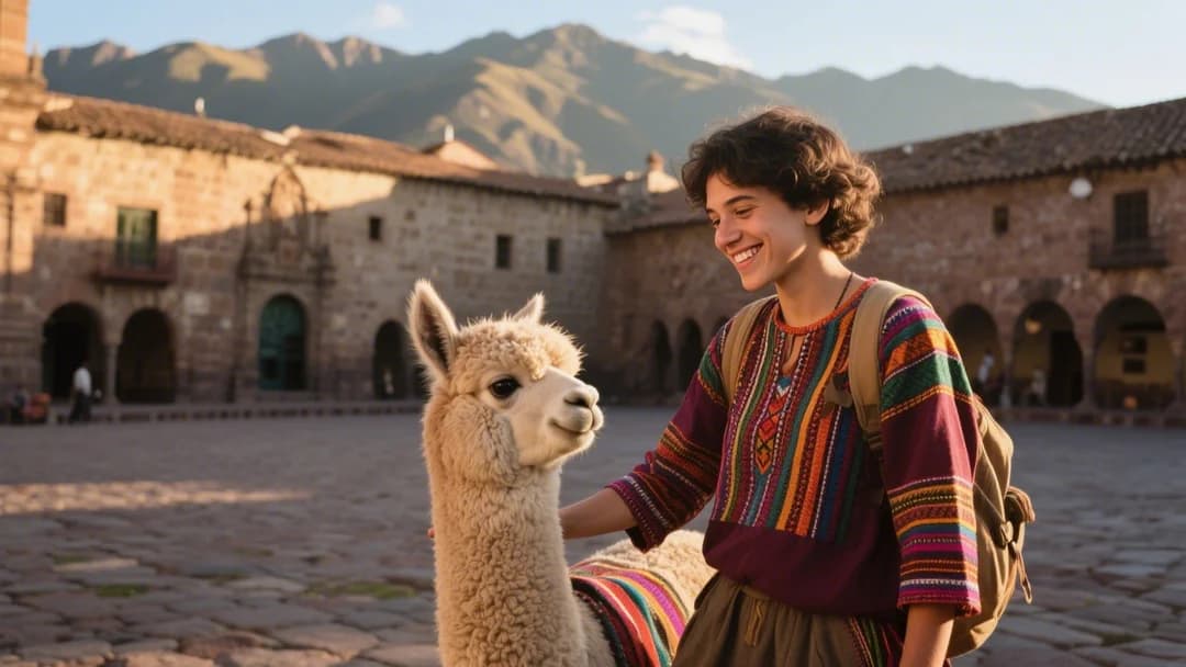 Turista sonriendo tomándose una foto con una alpaca en un patio tradicional de Cusco con muros incas de fondo.