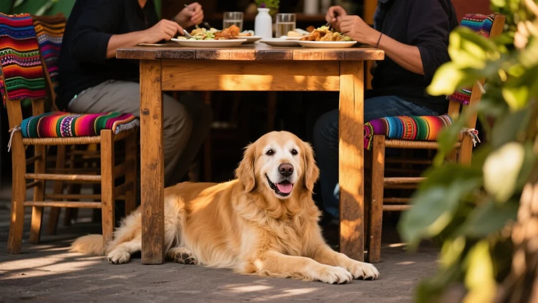 Perro feliz descansando bajo una mesa en Kevin and Garden mientras sus dueños almuerzan.