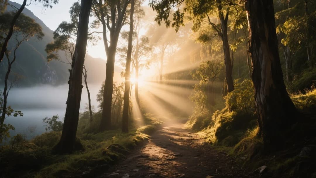 Bosque de eucaliptos cerca de Cusco con luz filtrada entre los árboles