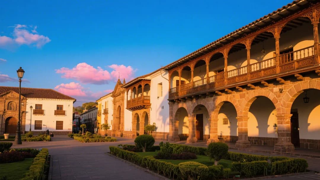 Plaza Tricentenario en Cusco con arquitectura colonial y jardines.