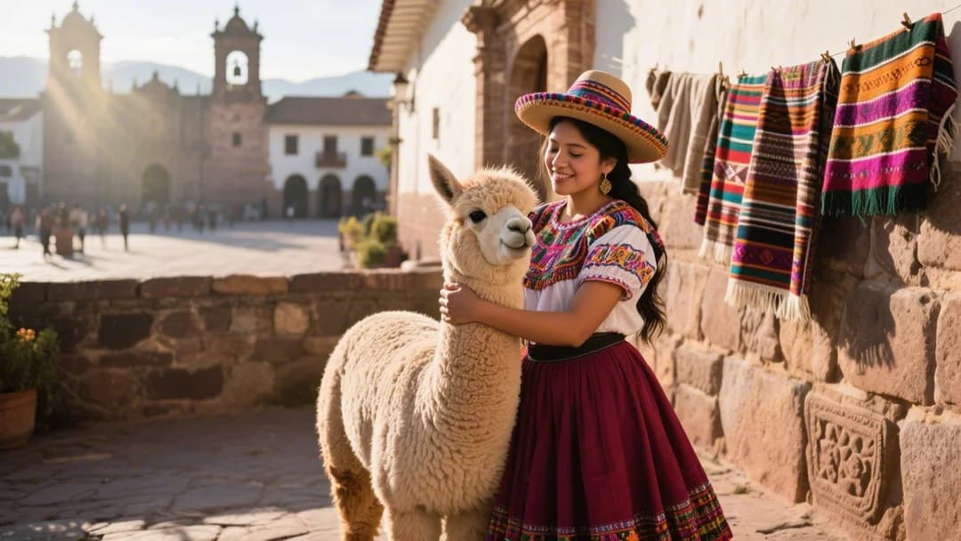 Turista vestida con traje tradicional peruano abrazando a una alpaca en el campo de artesanos de Cusco.