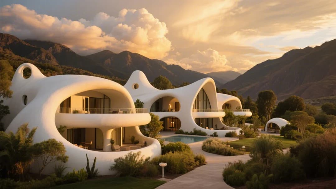 Vista panorámica del hotel Wifala Harmony con sus estructuras orgánicas integradas en el paisaje montañoso del Valle Sagrado