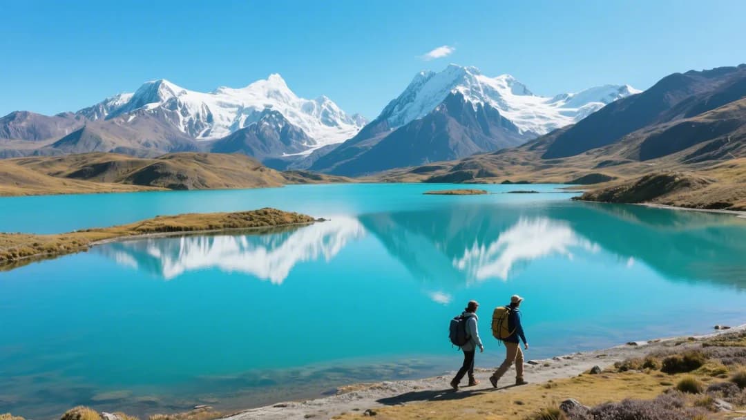 Vista panorámica de las 7 Lagunas de Ausangate en Cusco con aguas turquesas y montañas nevadas de fondo.