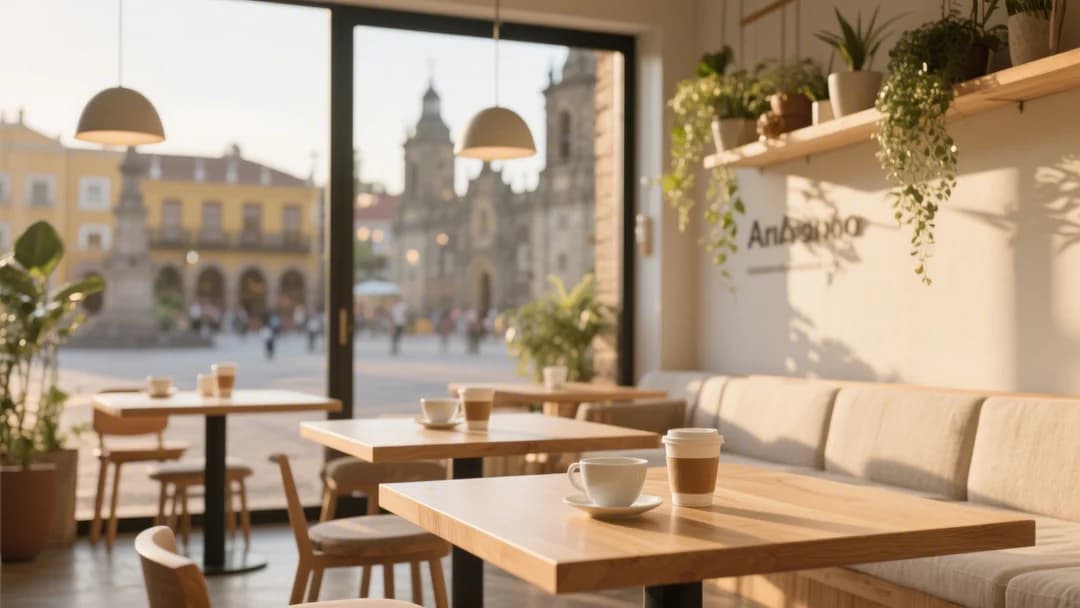 Vista de una cafetería minimalista en Cusco con decoración aesthetic y tazas de café artesanales.