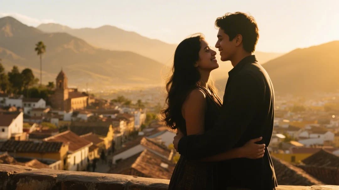 Pareja abrazada en el mirador de San Blas, Cusco, al atardecer.