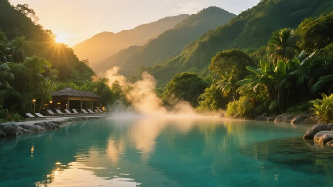 Vista panorámica de los baños termales de Cocalmayo rodeados de vegetación y montañas en Santa Teresa, Cusco.