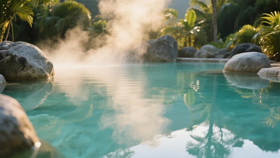 Piscinas termales de Cocalmayo con aguas cristalinas y vapor ascendente en un entorno natural.