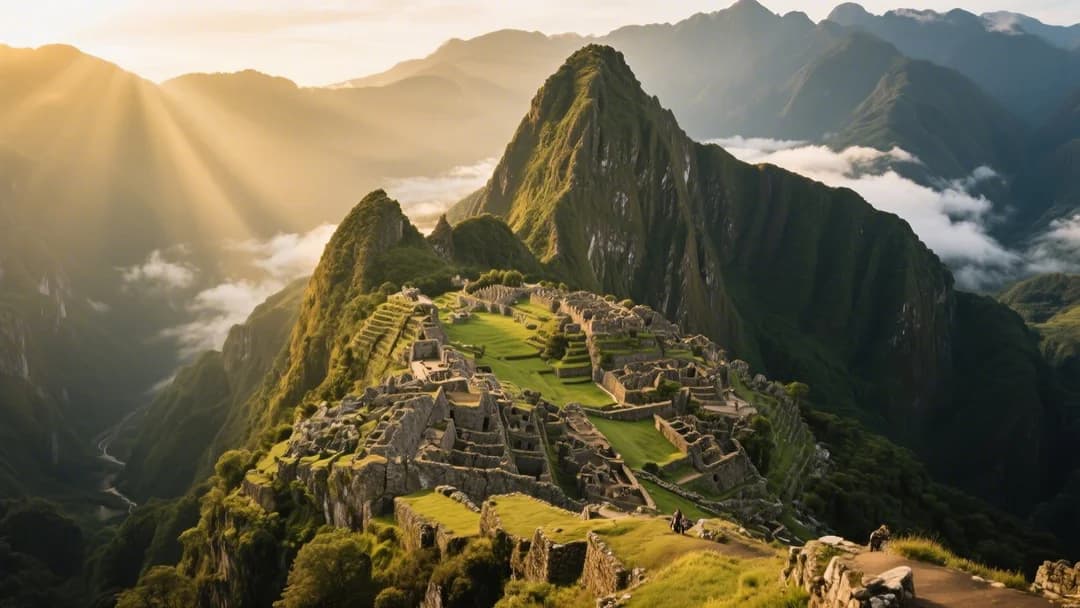 Vista panorámica de Machu Picchu al amanecer, con montañas verdes y nubes bajas.