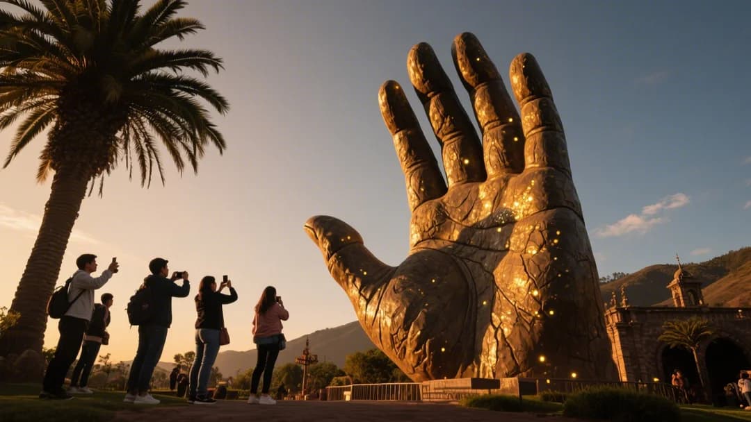 Escultura gigante de una mano en el Parque Temático Santo Domingo