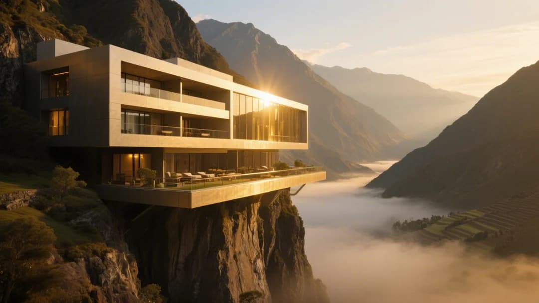 Vista panorámica del hotel cápsula colgado en la montaña cerca de Cusco al atardecer.