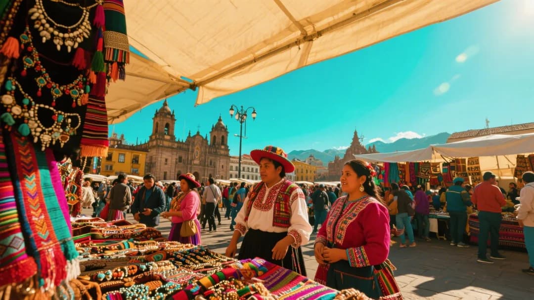 Mercado artesanal de Cusco con coloridas artesanías y textiles