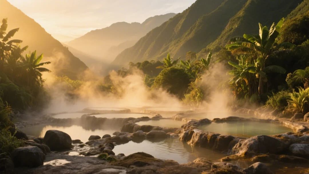 Vista panorámica de las piscinas termales de Cocalmayo rodeadas de vegetación en Cusco, Perú