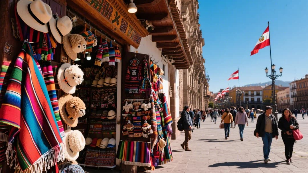 Fachada colorida de la tienda Artesanía Asunta en Cusco con productos artesanales exhibidos