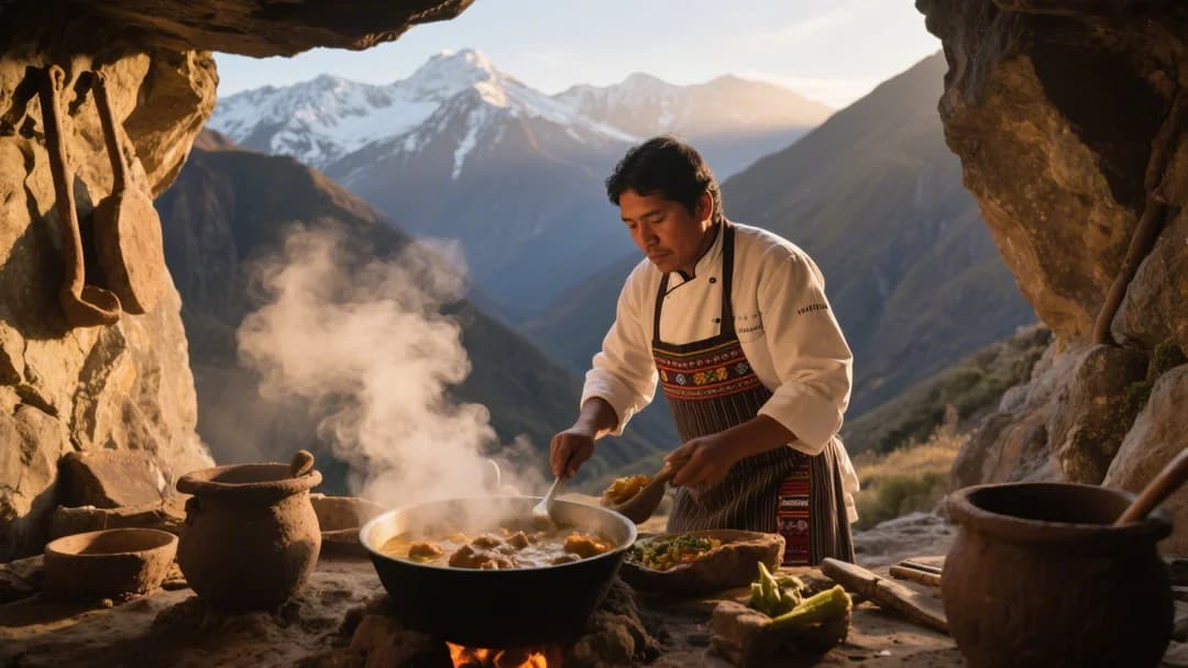 Chef preparando comida en cocina de montaña con vista panorámica.