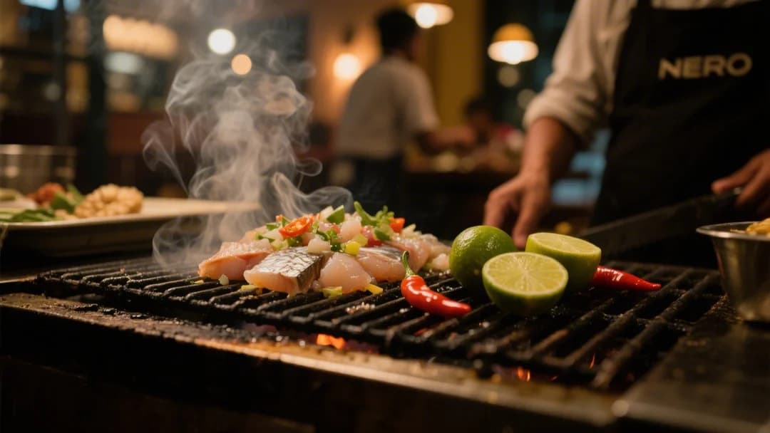 Ceviche a la brasa siendo preparado en mesa en Nero de la 375
