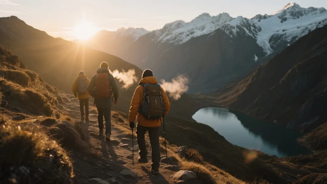 Grupo de turistas haciendo trekking hacia la Laguna Humantay al amanecer