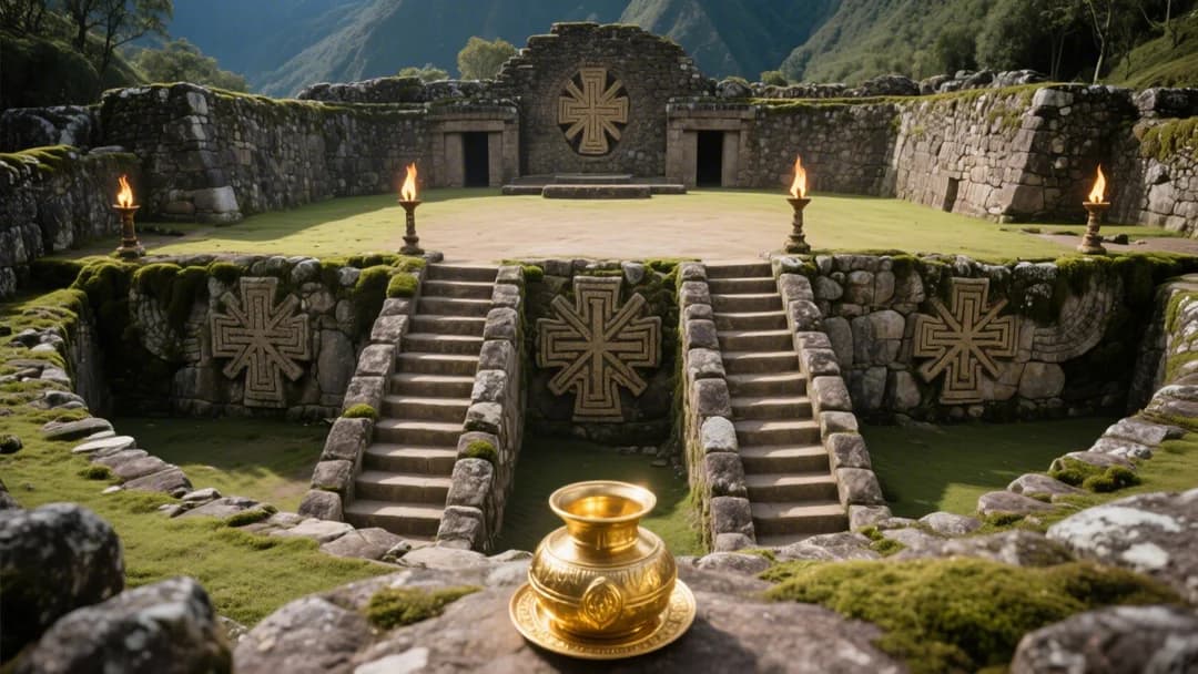 Representación artística del ushnu subterráneo con símbolos de dualidad