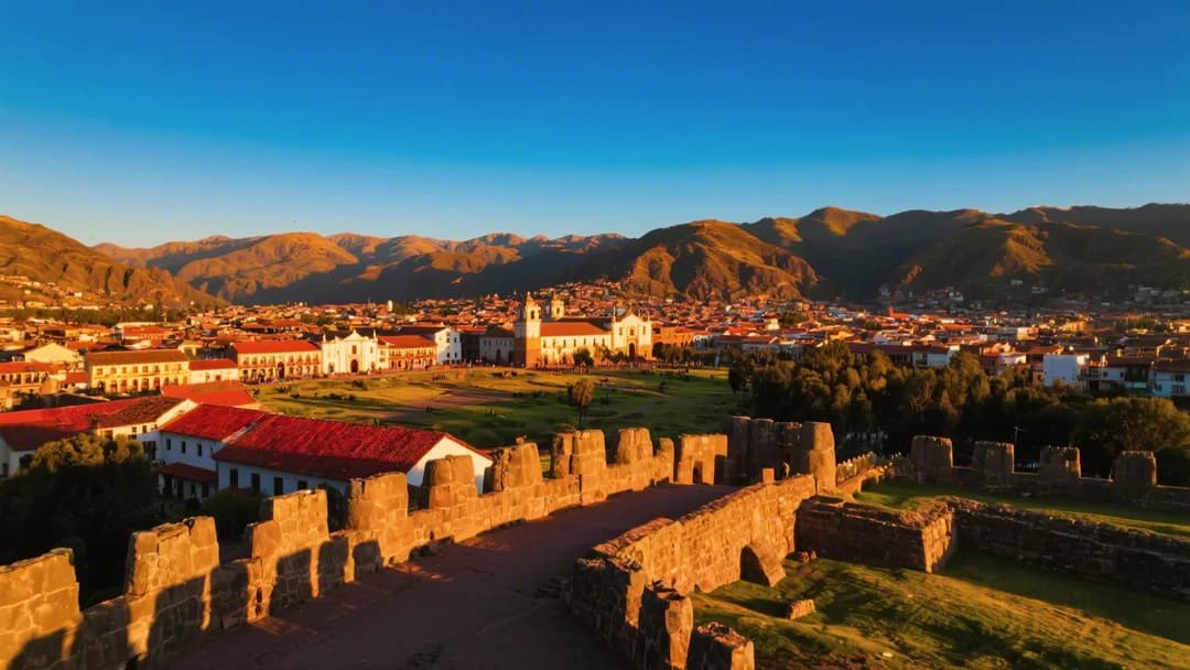 Vista panorámica de la ciudad de Cusco con sus tejados rojos y montañas al fondo.