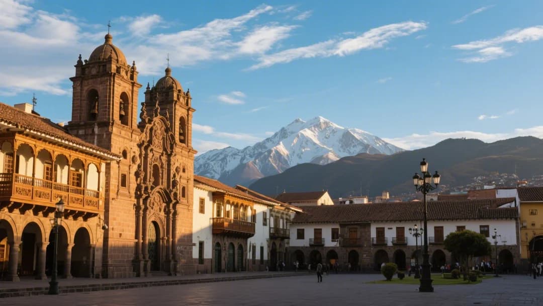 Plaza de Armas de Cusco con sus edificios coloniales y montañas al fondo.