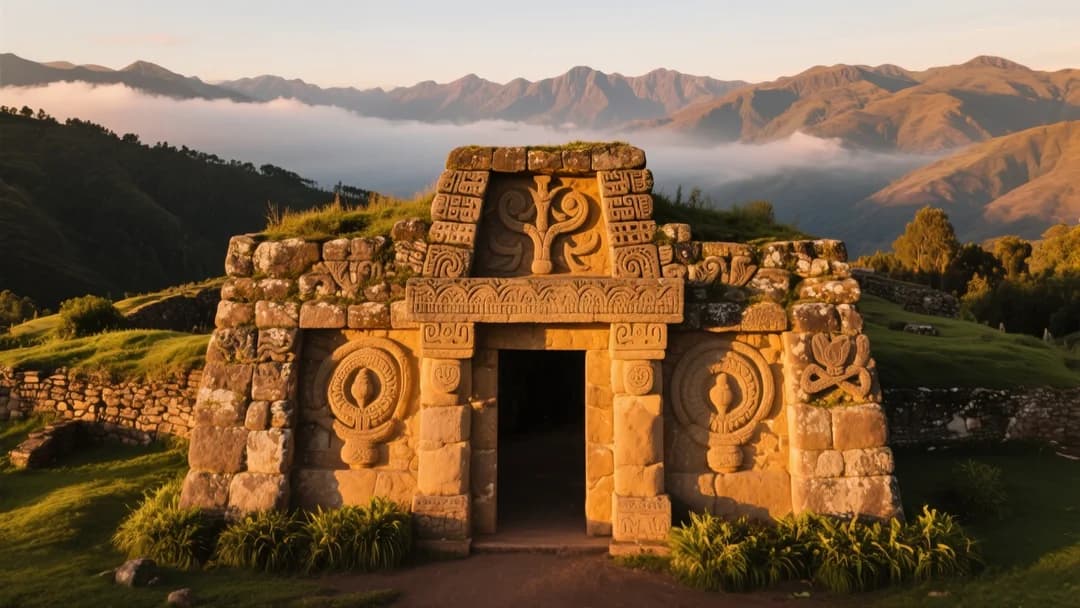 Entrada ceremonial a Pucunactianan con arquitectura inca y montañas de fondo