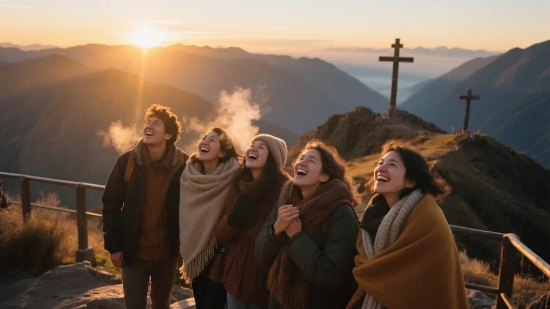 Turistas abrigados disfrutando del amanecer en el Mirador de Tres Cruces