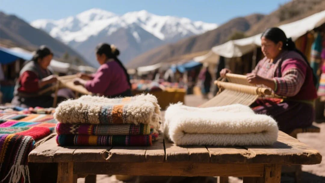 Comparación visual entre tejidos de alpaca y baby alpaca en un mercado artesanal de Chincheros