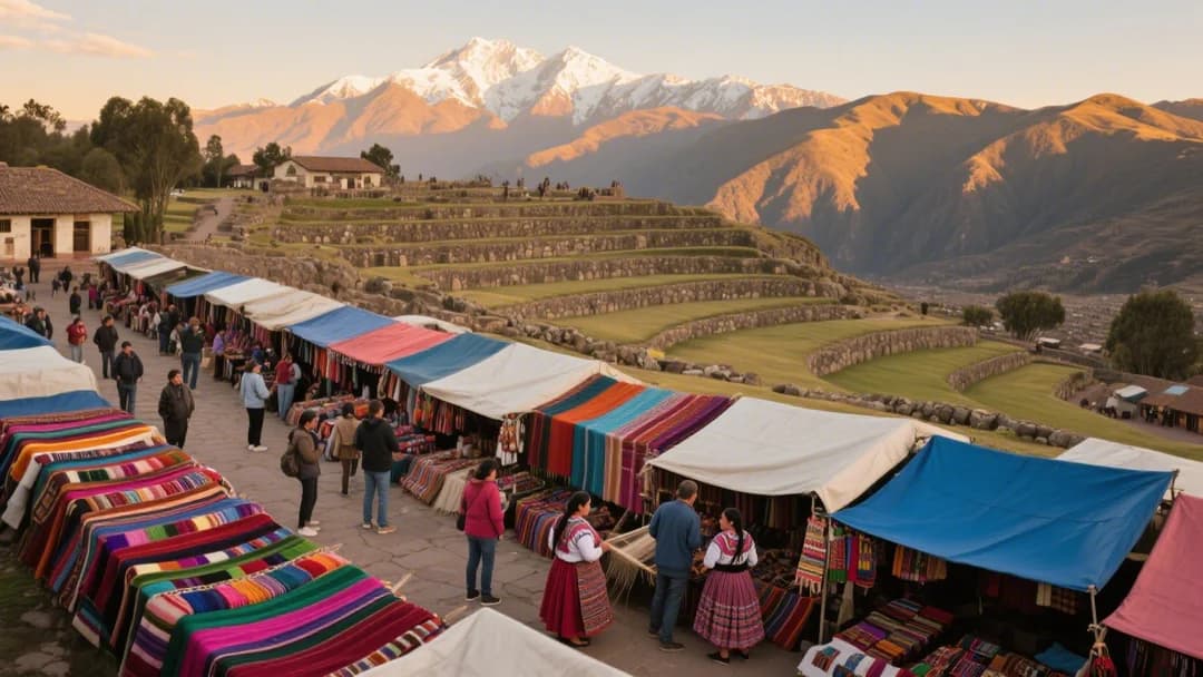 Vista panorámica del mercado textil de Chincheros con las ruinas incas al fondo