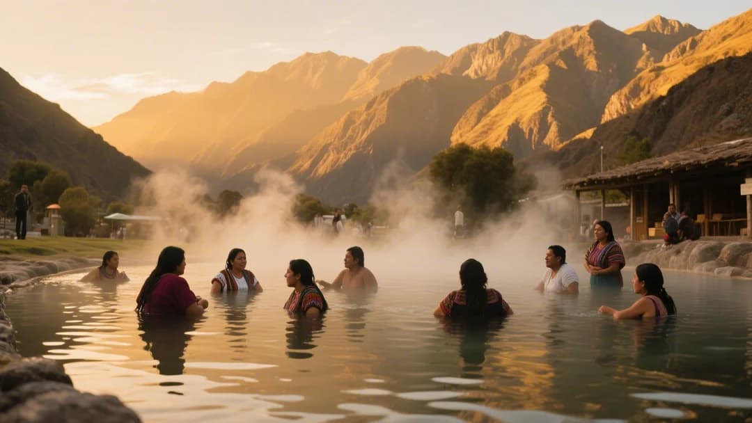 Personas disfrutando de las piscinas termales de Lares al atardecer