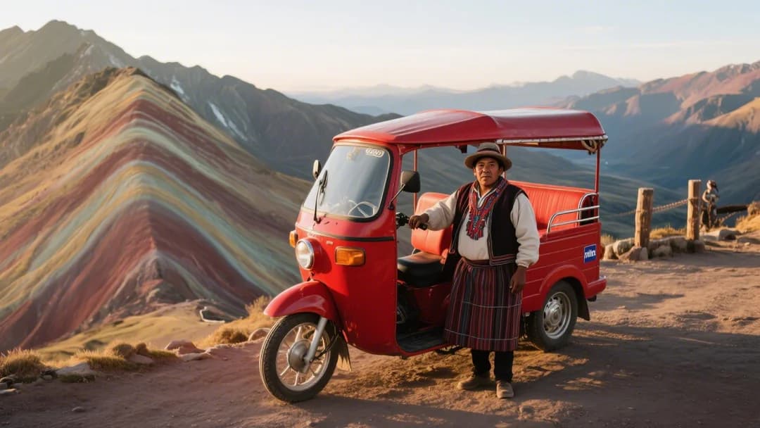 Mototaxi estacionado con vista a la Montaña de 7 Colores